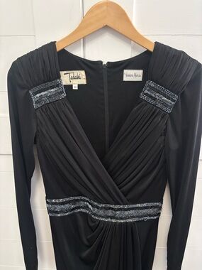 Neiman Marcus Black Long-Sleeve Draped Evening Dress with Embroidered Accents